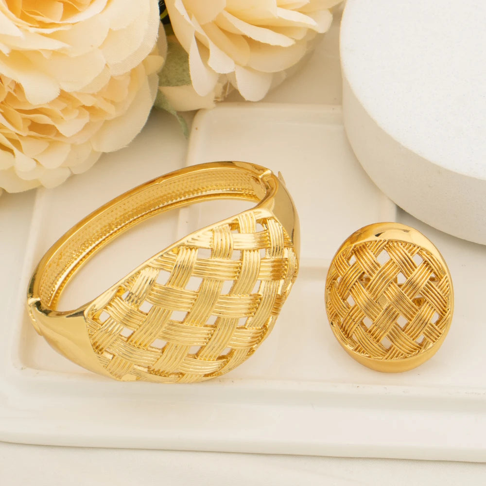 Dubai Cuff Bangle & Ring Set, Chunky Luxury Italian African Bracelet for Wedding & Daily Wear, Elegant Jewelry Women Se