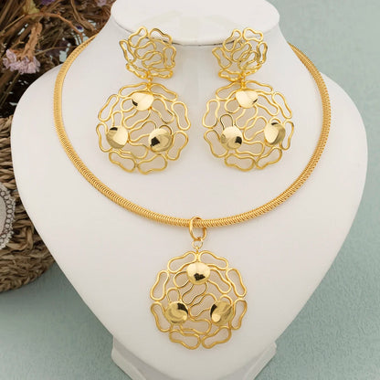 Bohemian Jewelry Set for Women Ladies Stud Earrings Dubai Gold Plated Necklace Bangle Bracelet for Sexy Party Queen Wedding