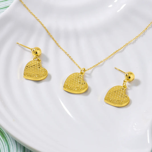 Gold Color Women Earrings Clavicle Chain Set Gold Plated Forever Heart Shape Pendant Trendy Jewelry Party Wedding Birthday Gift