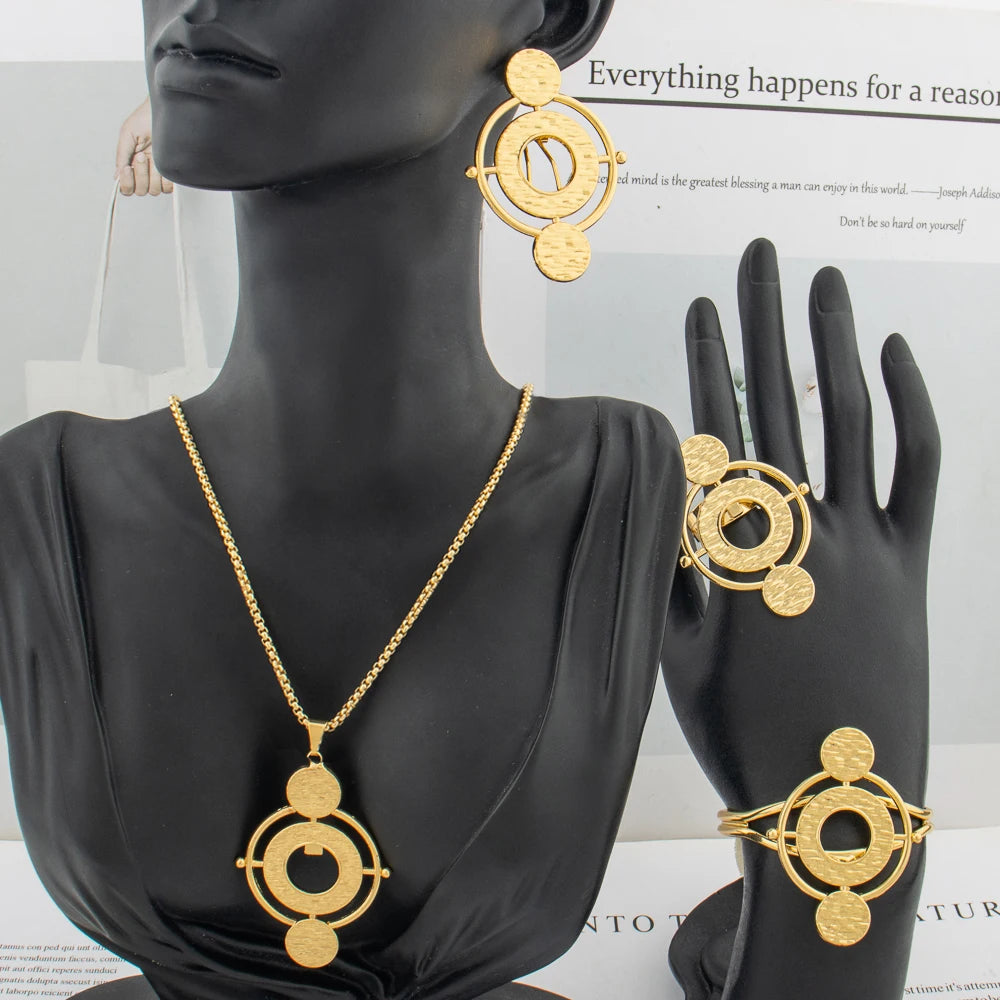 New Fashion Earrings Necklace 4PCS Jewelry Set for Women Round Design Lady African Cuff Bangle Ring Jewelry Daily Christmas Gift