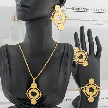 New Fashion Earrings Necklace 4PCS Jewelry Set for Women Round Design Lady African Cuff Bangle Ring Jewelry Daily Christmas Gift