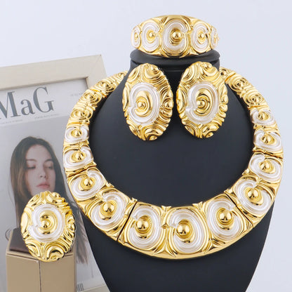 Luxury Shine Gold Plated Heavy Necklace Earrings Bracelet Ring Set for Women Dubai Noble Charms Jewelry Gift for Party Wedding