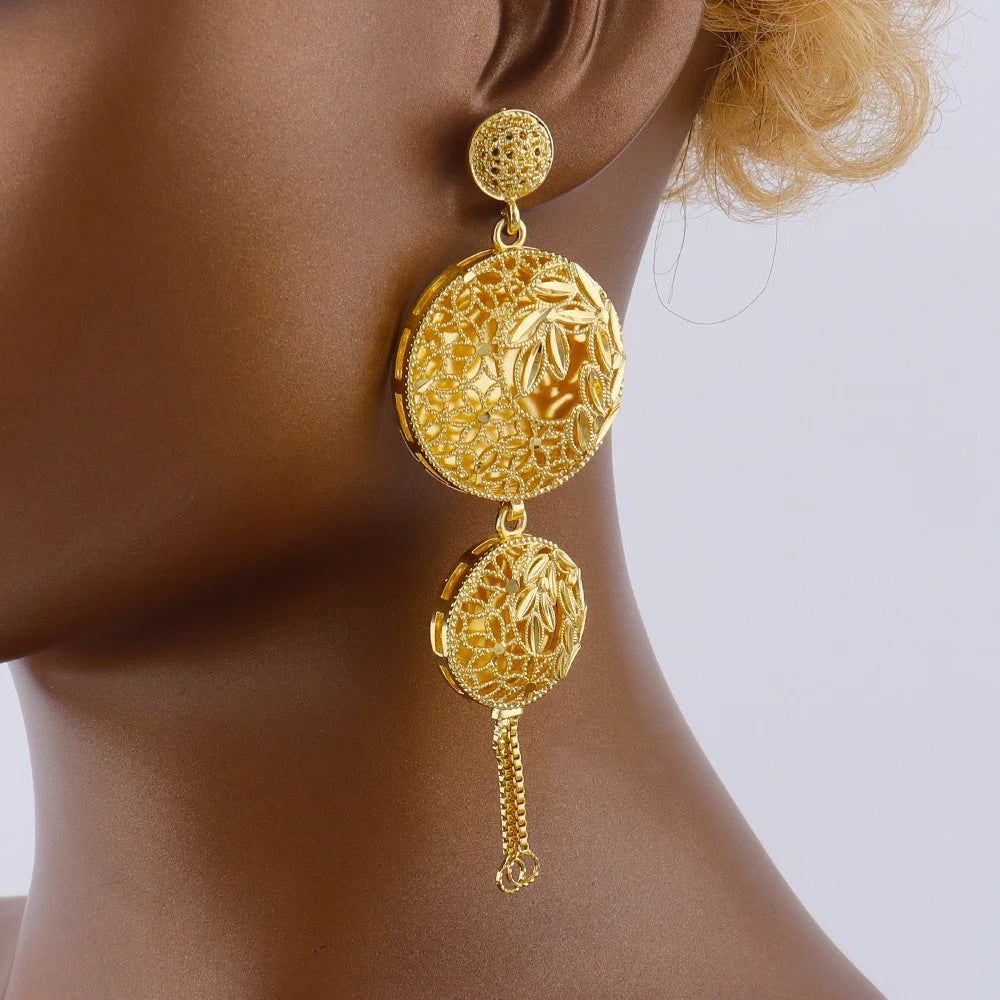 Luxury Dubai Jewelry Earrings Necklace Jewelry Sets For Women India Gold Color Hollow Design Wedding Accessory Bridal Party Gift