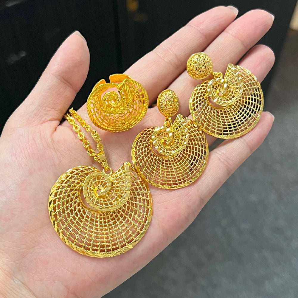 Round Gold Color Big Jewelry Set Hollow Out Design Necklace Earring Ring For Women Bridal Wedding Party Jewellery Gift