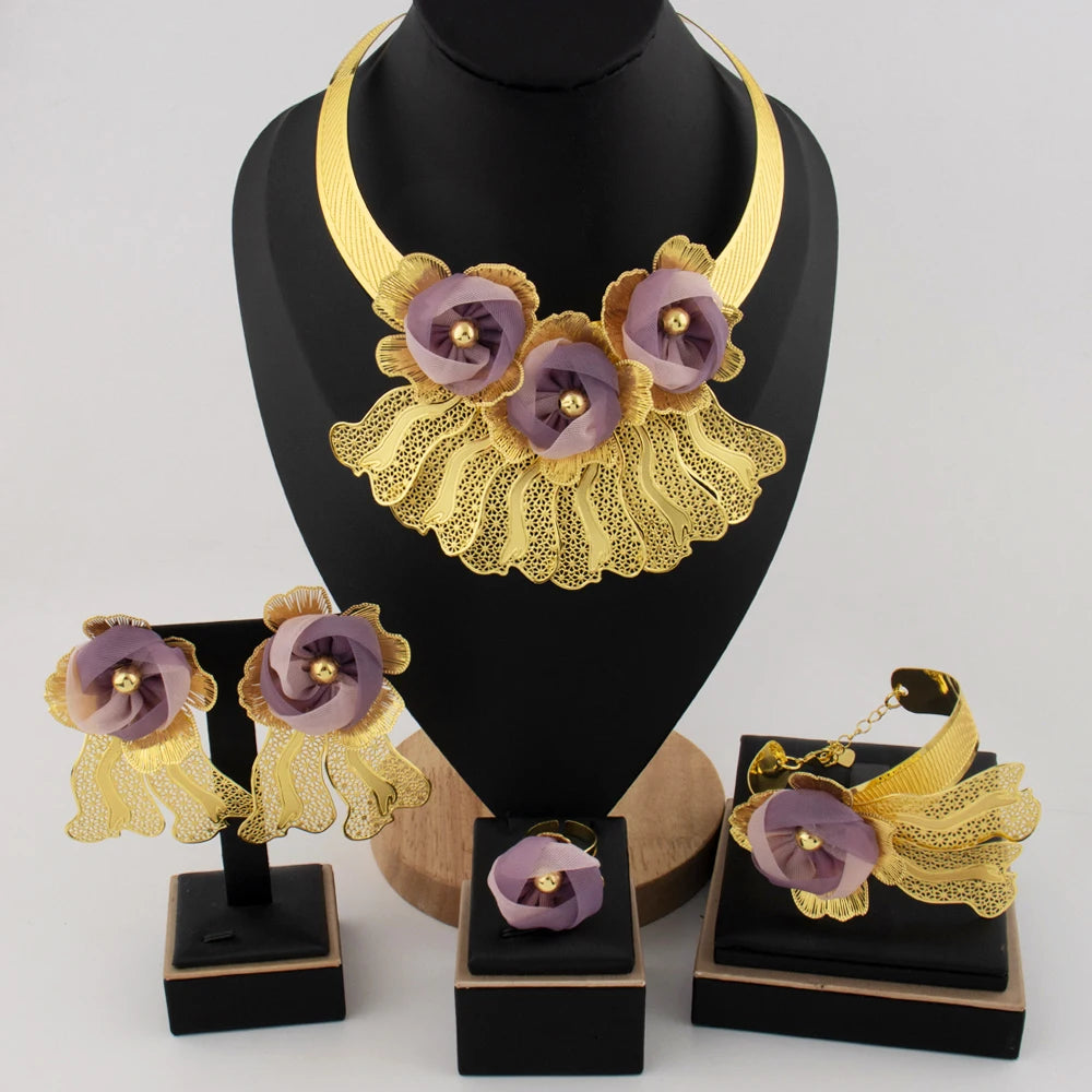 Luxury Noble Gold Plated Big Necklace Earrings Bracelet Ring for Women Purple Flower Shaped Jewelry Gift for Party Wedding
