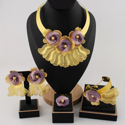 Luxury Noble Gold Plated Big Necklace Earrings Bracelet Ring for Women Purple Flower Shaped Jewelry Gift for Party Wedding