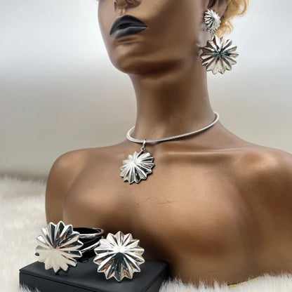 Silver Tone Polygonal Star Jewelry Set: Fine Chain Necklace, Earrings & Ring for Women, Unisex Vintage Daily Party Accessori