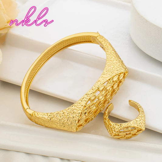 Luxury  Plated Copper Bracelet Set with Colored Zircon Cuff Bangles And Ring Arab Gold Color Vintage Jewelry
