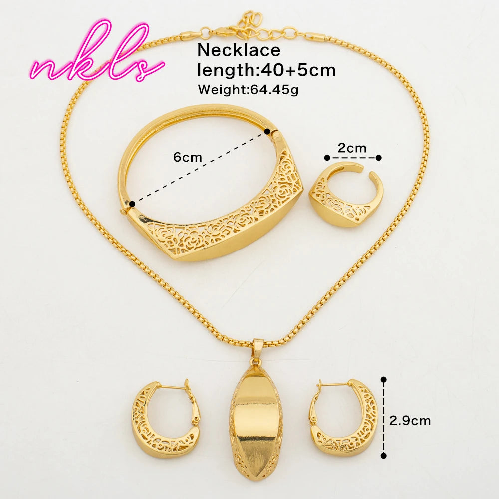 Tone Dubai Necklace Hoop Earrings Ring Bracelet Pendant Set for Women, African Jewelry Gift, Elegant Jewelry Women Set