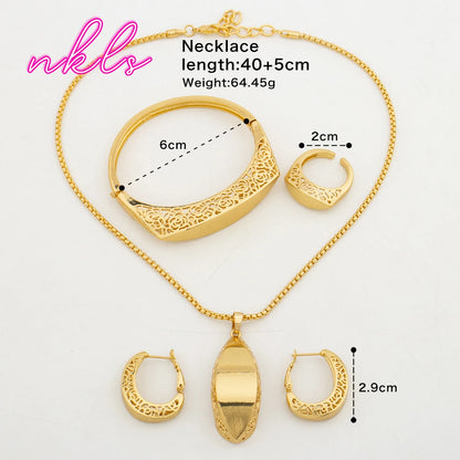 Tone Dubai Necklace Hoop Earrings Ring Bracelet Pendant Set for Women, African Jewelry Gift, Elegant Jewelry Women Set