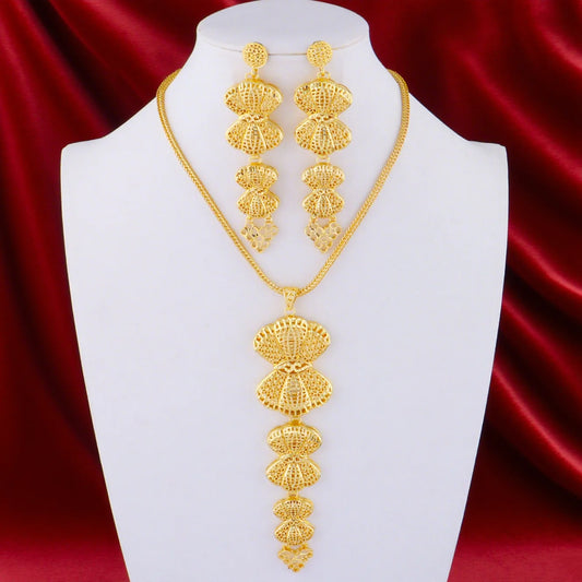 Dubai African 24K Gold Plated Shell Shape Necklace Earrings 3pcs Set for Women Gold Color Party Wedding Banquet Jewelry Gift