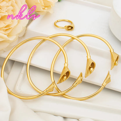 Trendy Stainless Steel Bangle with Ring Set for Ladies Women's Bracelet Pattern Design Light Luxury Gold Color Metal Bangle