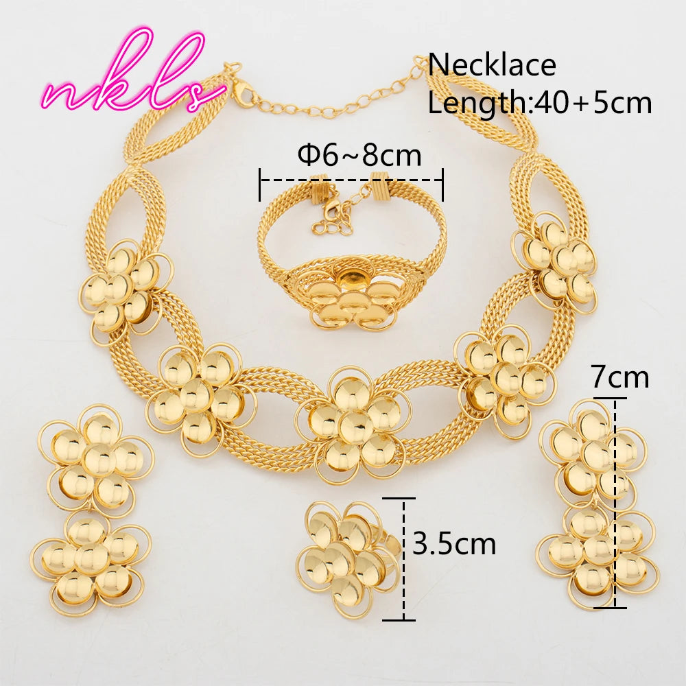 Brazilian Flower Necklace Jewelry Set Earrings New Bangle Ring Set Dubai Gold Color Jewellery Set Wedding Accessories Gifts