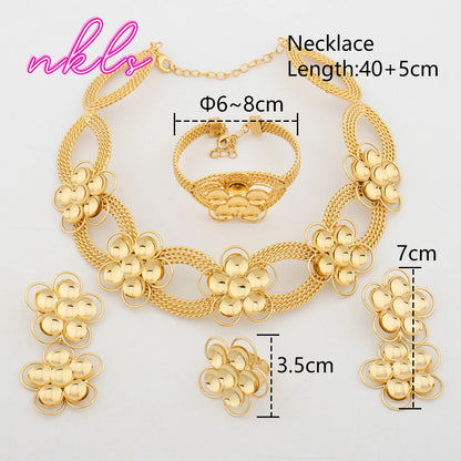 Brazilian Flower Necklace Jewelry Set Earrings New Bangle Ring Set Dubai Gold Color Jewellery Set Wedding Accessories Gifts