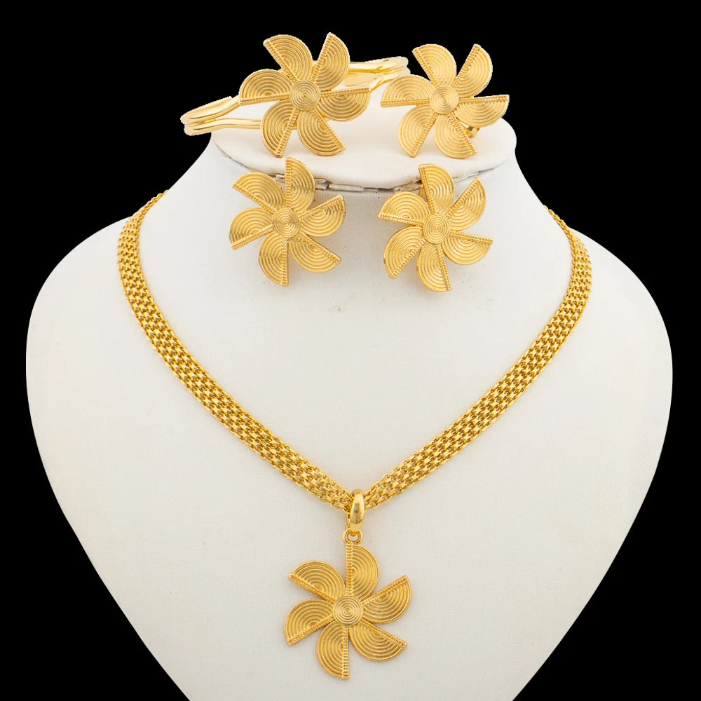 Gold Color Necklace Earring Ring Bangle Jewelry Set for Women, Bridal Engagement Party Gift, Elegant Jewellery Woman Accessories