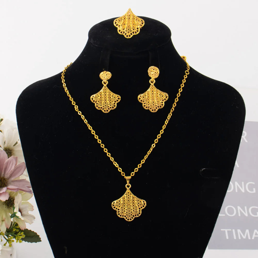 Luxury Women's Hollow Jewelry Set Dubai Middle Eastern Earrings Ring Nigerian Necklace Wedding Party Favors