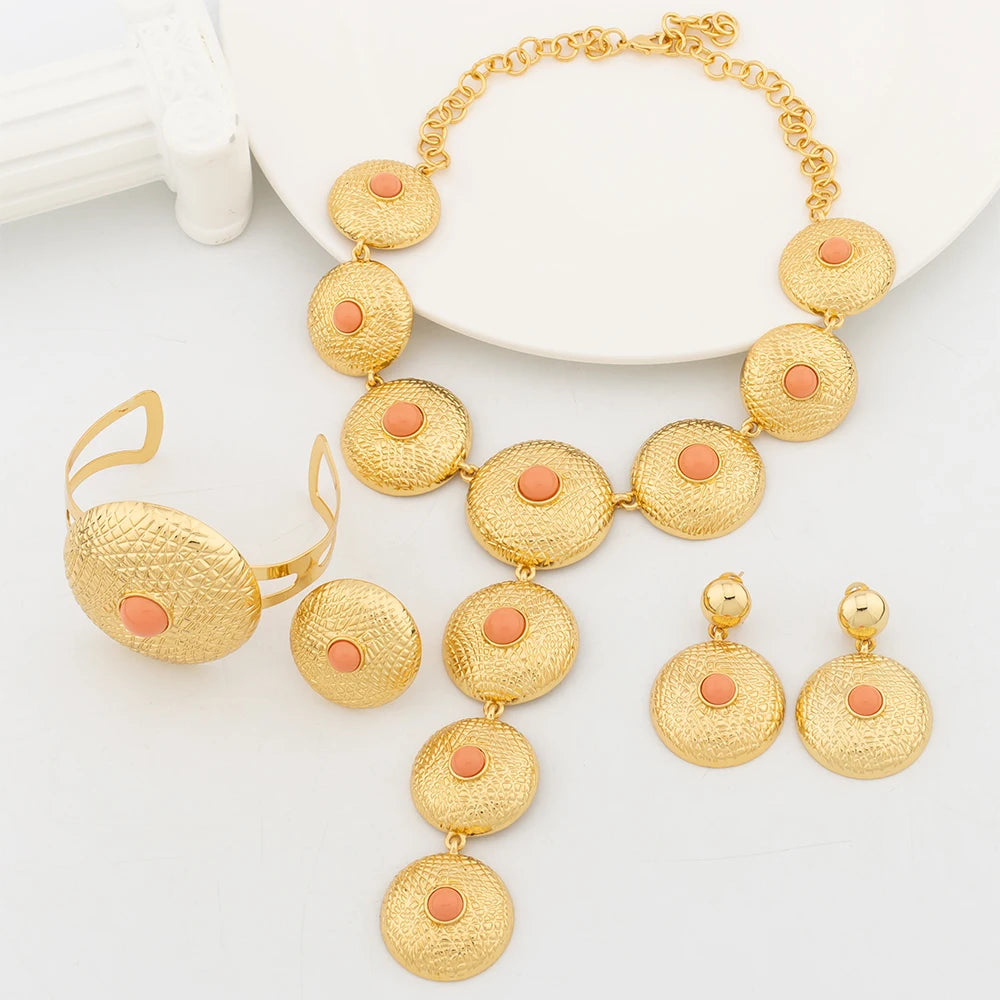 4pcs Jewelry Sets for Women Gold Plate Necklace Big Round Pendant Luxury Earrings Charm Bracelet Ring Wedding Banquet Jewellery