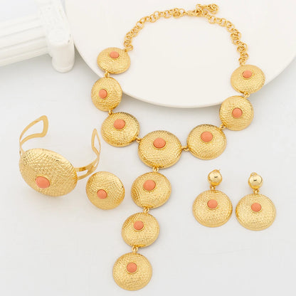 4pcs Jewelry Sets for Women Gold Plate Necklace Big Round Pendant Luxury Earrings Charm Bracelet Ring Wedding Banquet Jewellery