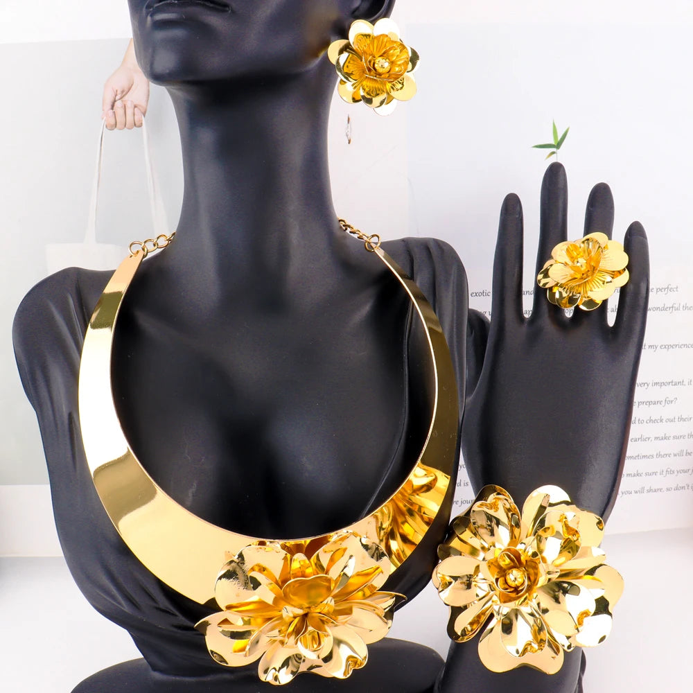 Dubai 18K Gold Plated Italian Statement Necklace Earrings Ring Bracelet Jewelry Set for Women Banquet Festive Gift