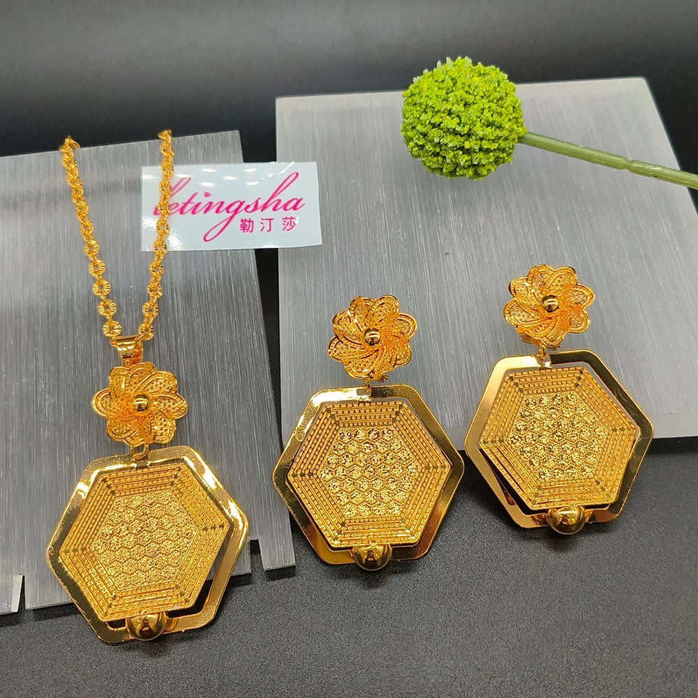 Good Luck & fortune Round Gourd Pendant Set For Women Necklace Earring Nigerian Gold Plated Jewellery Dubai Wedding Bridal Gift
