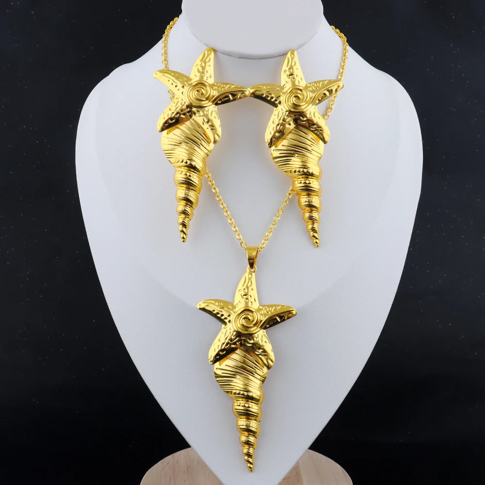 Dubai Gold Plated Luxury Noble Necklace Charm Earrings for Women Big Shell Shape Jewelry Set for Party Wedding Christmas Gift