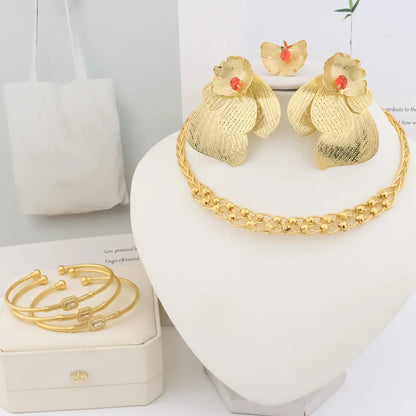 2025 Flower Jewelry Sets for African Women—Earrings, Necklace, Ring & Bangle Gift for Party Valentine’s, Chic Jewelry