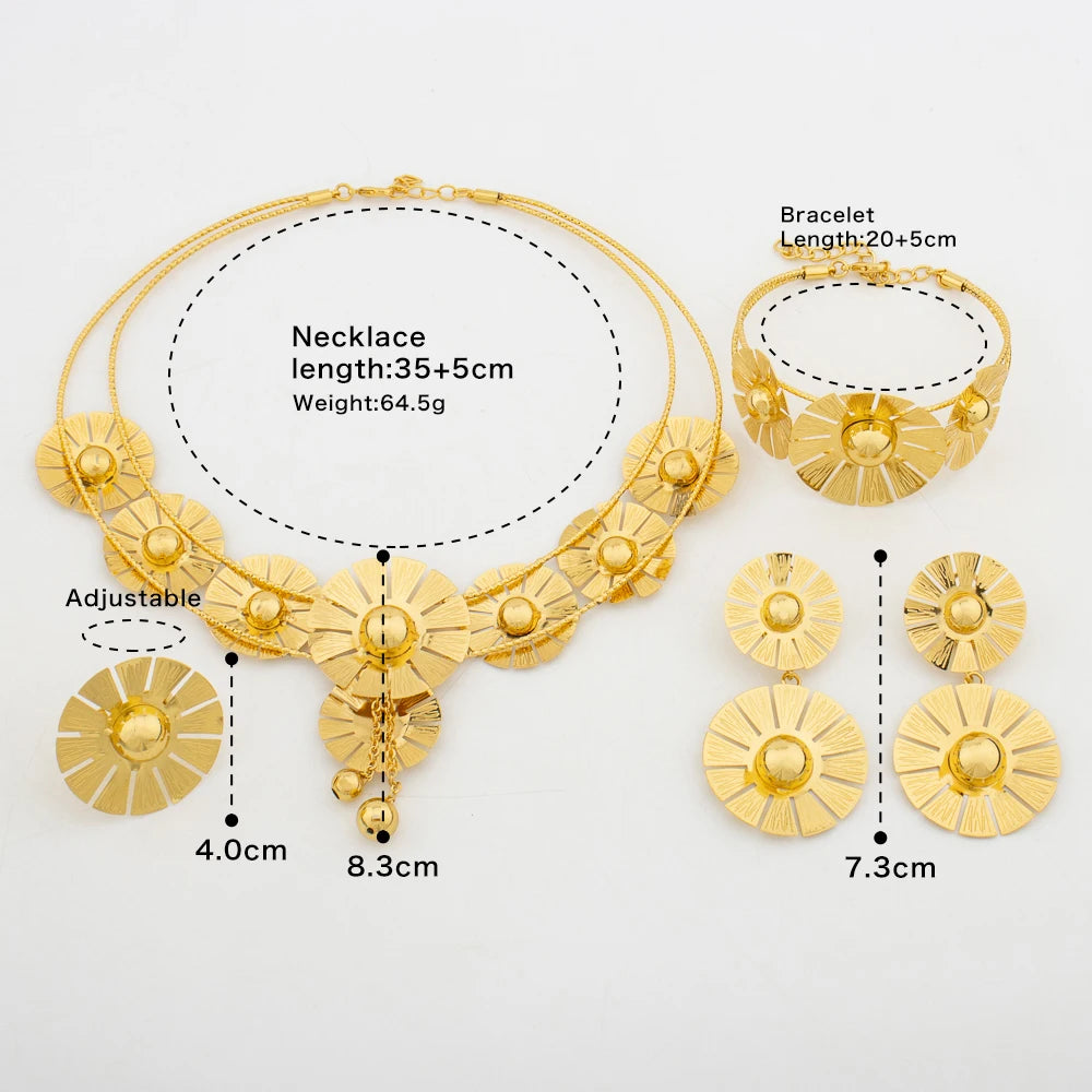 YM Woman Jewelry Sets Dubai 18K Gold Plated Necklace Copper Hollow Surround Earrings Fashion Flower Pendant Cuff Bangles Ring