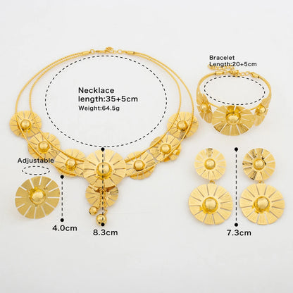 YM Woman Jewelry Sets Dubai 18K Gold Plated Necklace Copper Hollow Surround Earrings Fashion Flower Pendant Cuff Bangles Ring