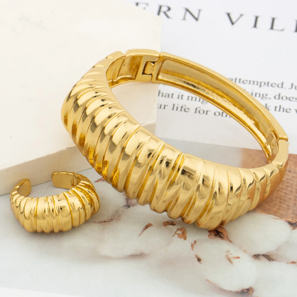 18K Gold Color Women's Bangles Dubai Bracelets Ethiopian Jewelry African Bride Wedding Bangle Ring Set New Design Jewelry Gift
