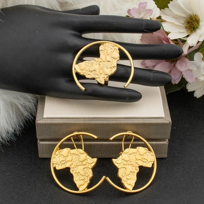 African Map Design Jewelry Set Ladies Luxury Gold Color Earrings and Finger Ring 2Pcs Set Jewellery Ear Rings Accessories Gifts