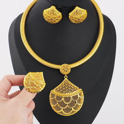 Gold plated Jewelry Set India Dubai Jewelry Gold Geometry Necklace Earrings Ring  for Nigerian Wedding Bridal Holiday Gift