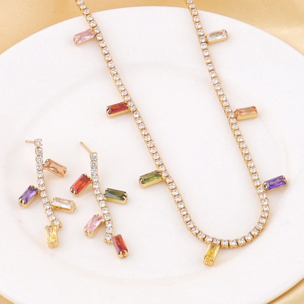 Fashion Colorful Cubic Zirconia Stainless Steel Necklace For Women 18K Gold Plated Fashion Waterproof Jewelry Gifts
