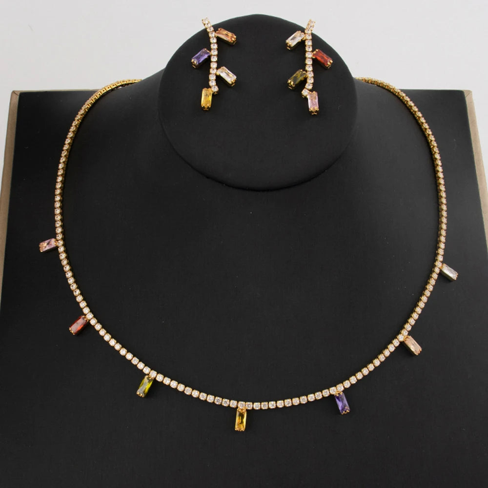 Woman Gold Color Earrings Necklace Italy Bohemia Style Jewelry Set France Elegant Square Zircon Jewelry Set For Party Dating