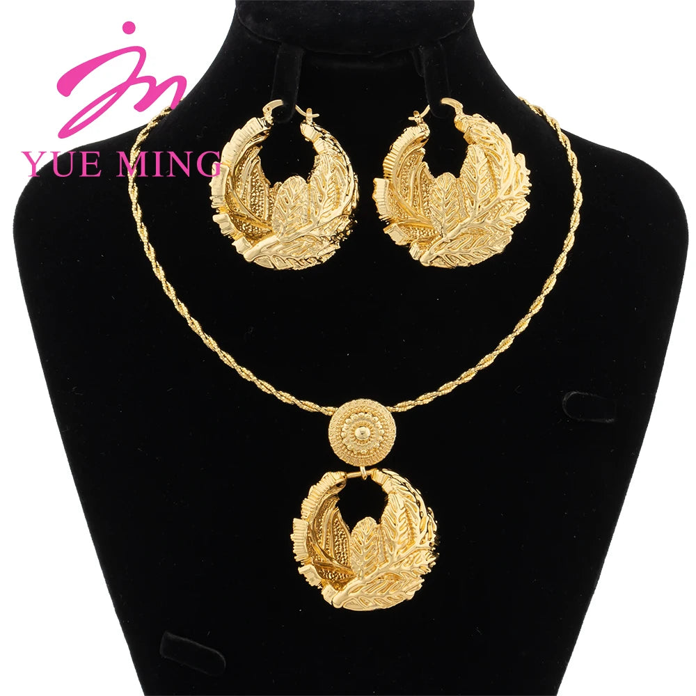 YM Jewelry Sets For Women Copper Pendent Necklace Earrings Dubai 18K Gold Plated Large Geometry Charm Gift Wedding Party Jewelry - YUEMING JEWELRY