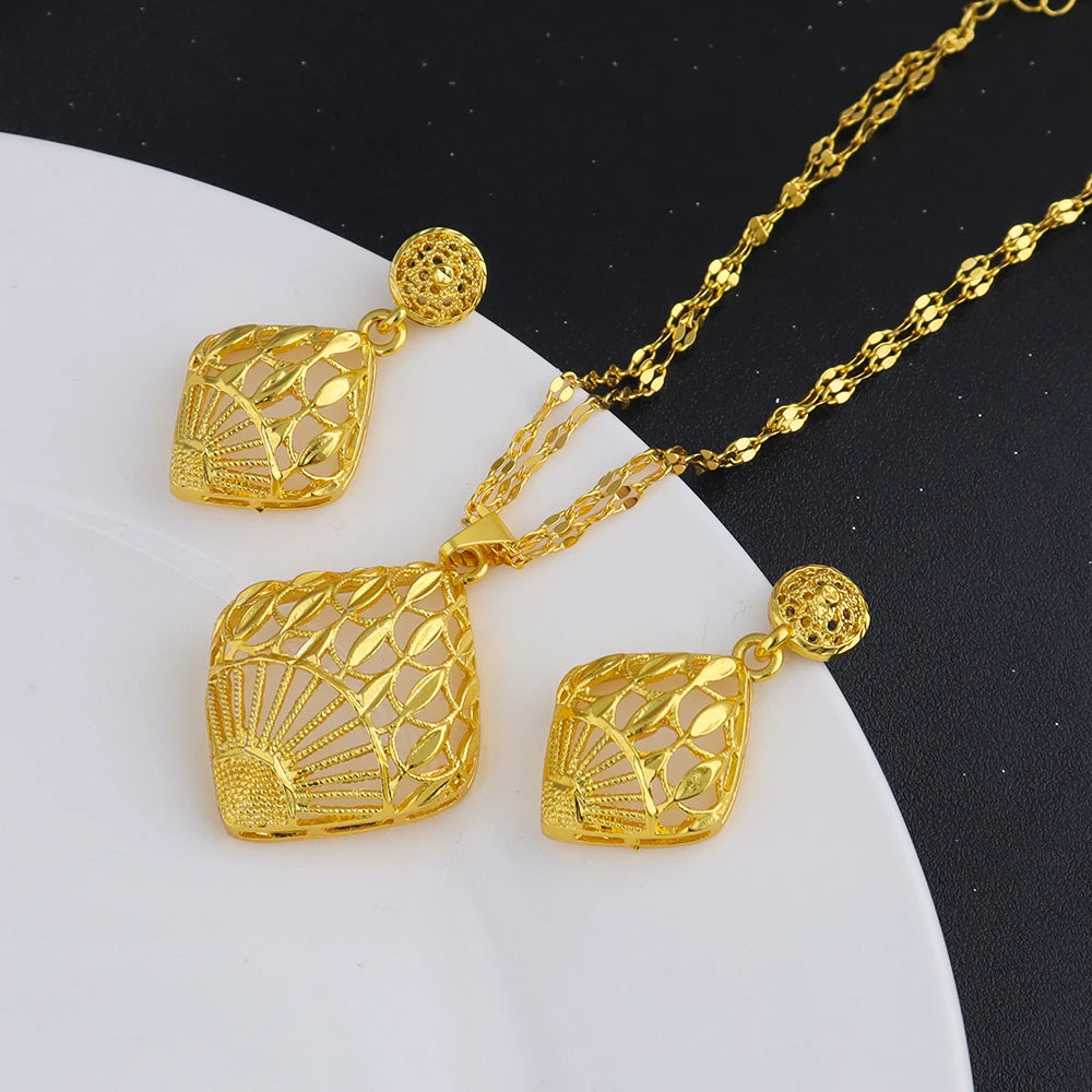 Fashion Gold Color Jewelry for Women Necklace Earrings Set Party Accessories Dubai India Africa Nigerian Bridal Gift