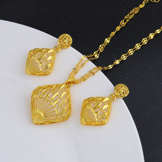 Fashion Gold Color Jewelry for Women Necklace Earrings Set Party Accessories Dubai India Africa Nigerian Bridal Gift