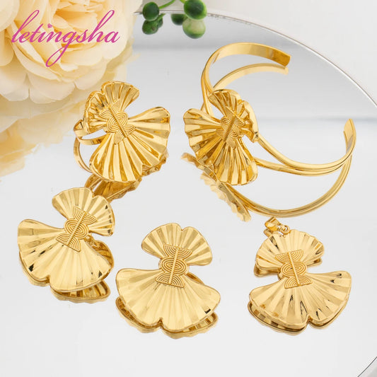 Dubai Gold Color Pendant Earrings Bangle Rings Fashion Elegant Jewelry Sets for Women Luxury Women's Jewellery Italy Fashion Set