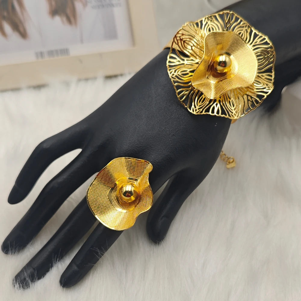 African-Inspired Gold-Tone Cuff Bangle & Ring Set for Women, Minimalist Luxury Daily Wear Jewelry Gift, Ethnic Chic Style
