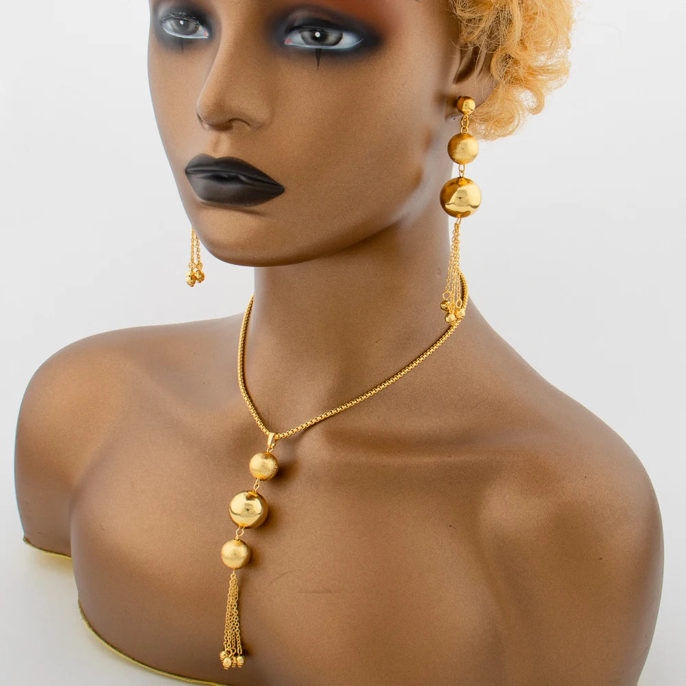Dubai Beaded Jewelry Set, Gold-Tone Tassel Earrings Necklace for Women, African Party Gift Chic Drop Design