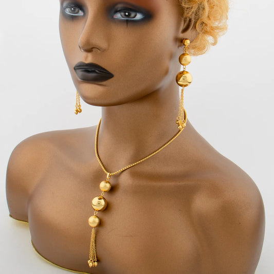 Dubai Beaded Jewelry Set, Gold-Tone Tassel Earrings Necklace for Women, African Party Gift Chic Drop Design