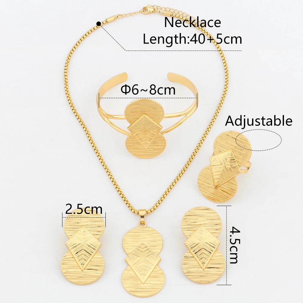 Women's Geometry Jewelry Set Dubai 18K Gold Plated Necklace Party Wedding Fashion Earrings Cuff Bangles Ring Jewelry Accessory - YUEMING JEWELRY