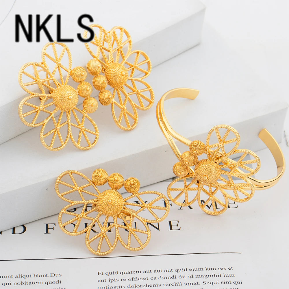 24K African Cuff Bangle Ring Set – 18K Gold Plated Beads Design Jewelry for Dubai Engagement Gifts jewellery woman jewelry sets