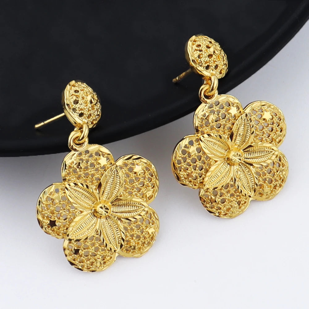 Dubai African 24K Gold Plated Flower Necklace Earrings Set for Women Gold Color Party Wedding Banquet Jewelry Jeweler Gift