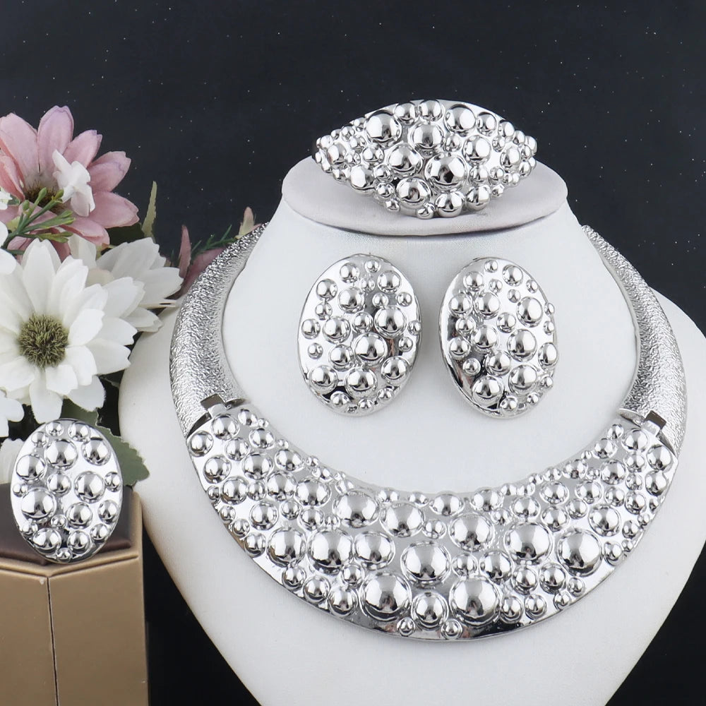Dubai Gold Silver Plated Jewelry Set Luxury Women Original Necklace Earrings Pearl Bracelet Ring Bridal Wedding Party Gift