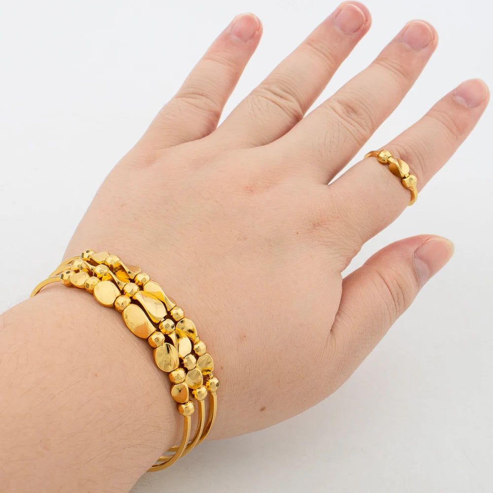 Fashion 3pcs Bangles with Ring Dubai Gold Color Lucky Bead Bracelets Luxury Hand Jewelry Sets for Wedding Party Anniversary Gift