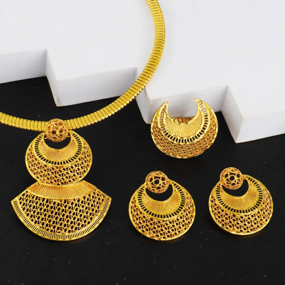Dubai Gold Color Jewelry Set For Women Indian Earring Necklace Ring Nigeria Moroccan Bridal Accessorie Wedding Party Gift
