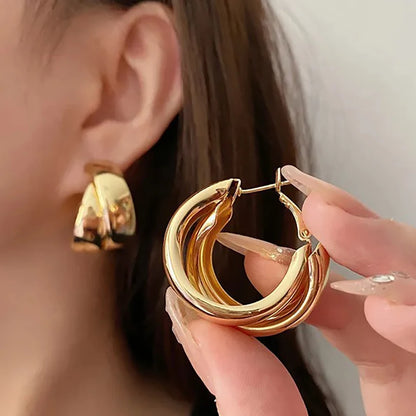 Fashion Glossy Stainless Steel Earrings Vintage Double Layered Circle Exaggerated Earrings for Women Gold Plated Earring