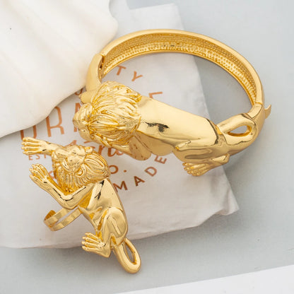 18K Gold-Plated Dubai Leopard Bracelet & Adjustable Ring, Copper Luxury Jewelry Gift for Women, Elegant Christmas Party Accessor