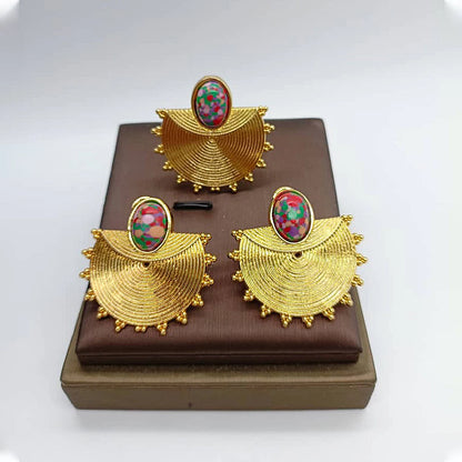 gold dubai jewelry set Gold Color Earrings Ring Set for Women Indian Luxury Earrings Ring Turkish Wedding Bride Design Jewelry