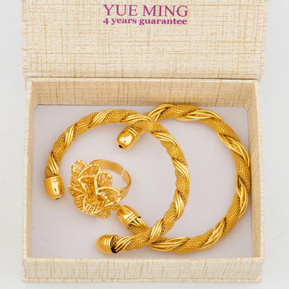 Dubai Trend Jewelry Set for Women, Gold Color Cuff Bangle with Ring, New Design, Beads Bracelet, Wedding Accessories, Bridal Jew